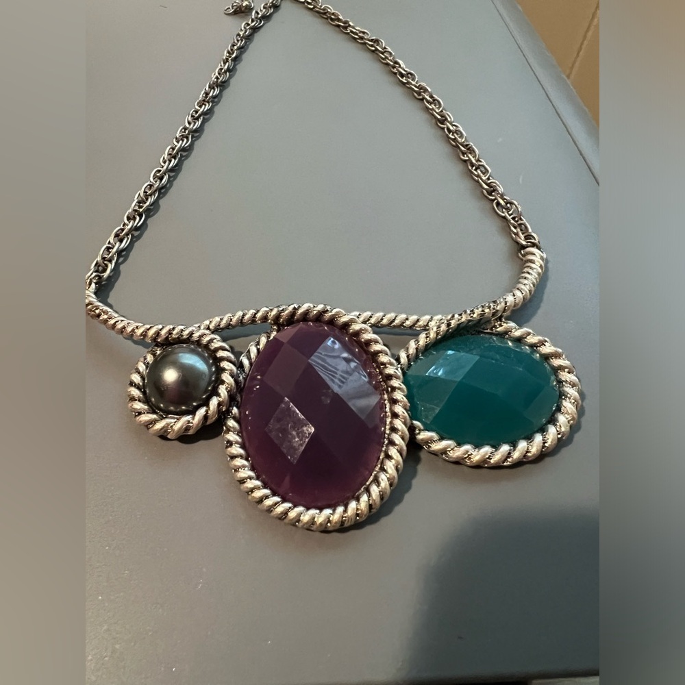 Silver Statement Necklace With Colored Stones - image 4